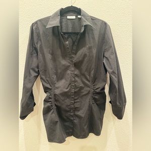 New York & Company Women Black Cotton Collared Long Sleeve Button Down Shirt L
